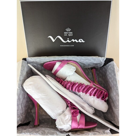 Nina Claudy Ruffle Heels Evening Sandals Womens 9.5 M Ultra Pink Satin Shoes NWB - Picture 12 of 13